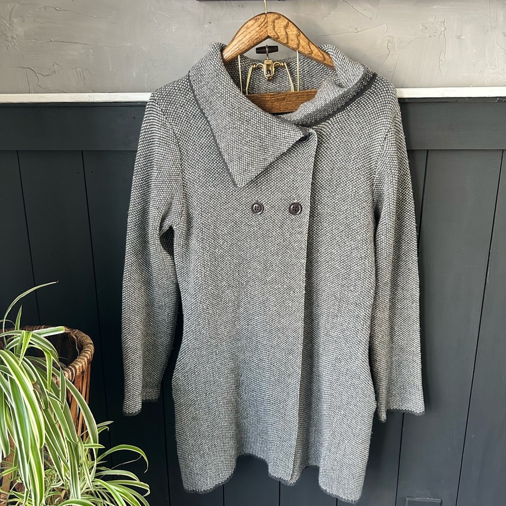 Papillon Dressy Sweater‎ Heathered Grey Knit Asymetrical Cowl Neck Jacket XL